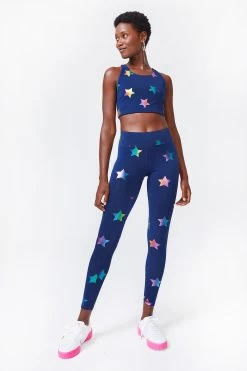 UpLift Leggings In Navy Rainbow Star Foil With Tall Band