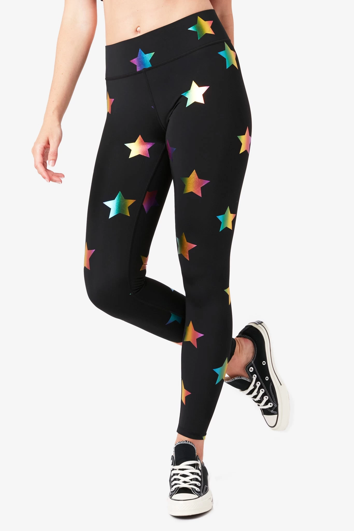 UpLift Leggings In Black Rainbow Star Foil With Tall Band 6 UpLift Leggings In Black Rainbow Star Foil With Tall Band - Image 4