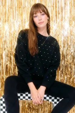 Pleated Sleeve Gemstone Crew In Black