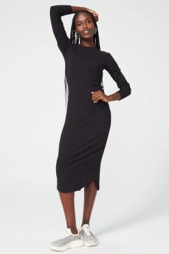Long Sleeve Rib Dress In Black