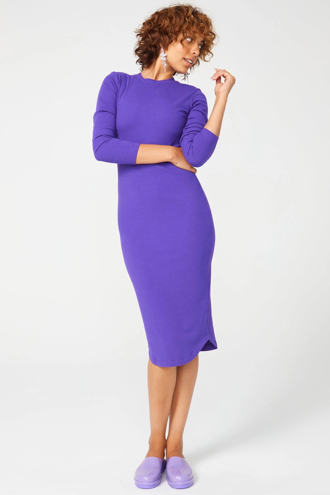 Long Sleeve Rib Dress In Electric Purple 3 Long Sleeve Rib Dress In Electric Purple
