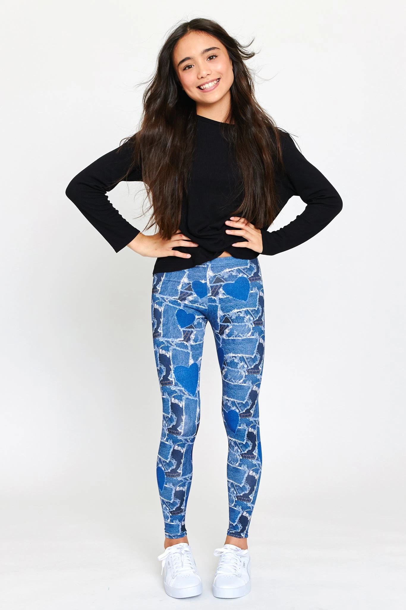 Girls Leggings In Denim Heart Patchwork 3 Girls Leggings In Denim Heart Patchwork