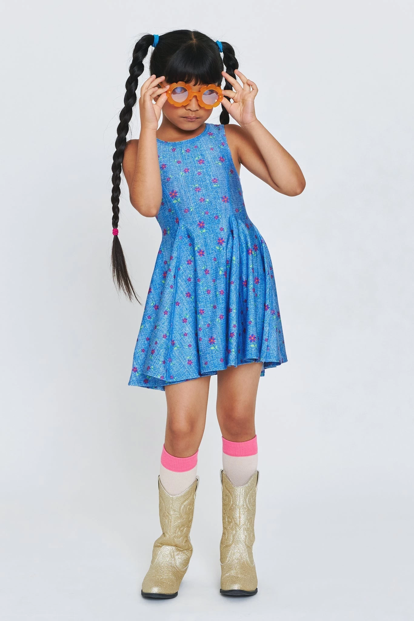 Kids Skater Dress In Floral Denim 4 Kids Skater Dress In Floral Denim - Image 2