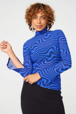 Mesh Mock Neck In Cobalt And Navy Wave 12 Mesh Mock Neck In Cobalt And Navy Wave -Chic Wear Shop NavyCobalt MeshTop 1