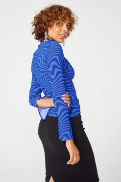 Mesh Mock Neck In Cobalt And Navy Wave 13 Mesh Mock Neck In Cobalt And Navy Wave -Chic Wear Shop NavyCobalt MeshTop 2