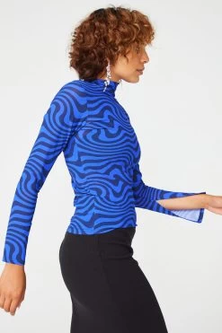 Mesh Mock Neck In Cobalt And Navy Wave 16 Mesh Mock Neck In Cobalt And Navy Wave -Chic Wear Shop NavyCobalt MeshTop 4
