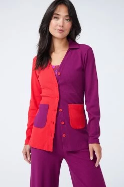 Rib Cardigan In Black Raspberry And Hot Red