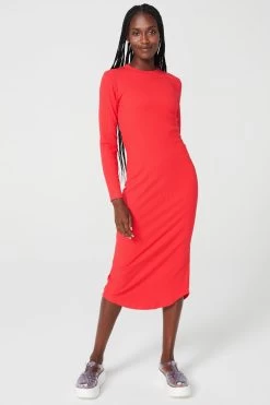 Long Sleeve Rib Dress In Hot Red -Chic Wear Shop Red L SRibDress 4