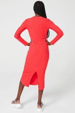 Long Sleeve Rib Dress In Hot Red -Chic Wear Shop Red L SRibDress 5