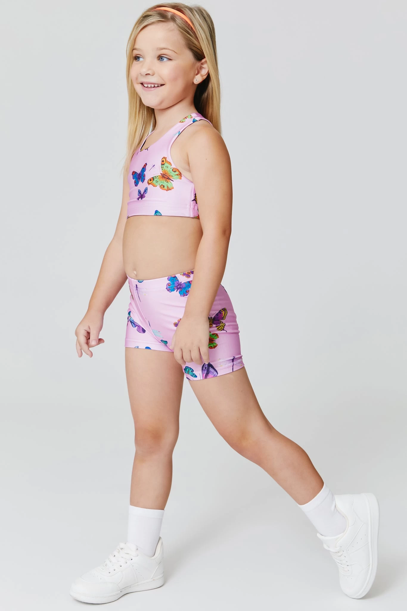 Kids Booty Shorts In Pink Neon Butterflies 4 Kids Booty Shorts In Pink Neon Butterflies - Image 2