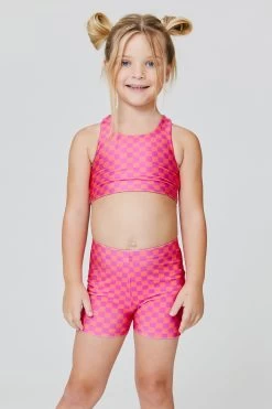 Kids Sports Bra In Melon Racing Check