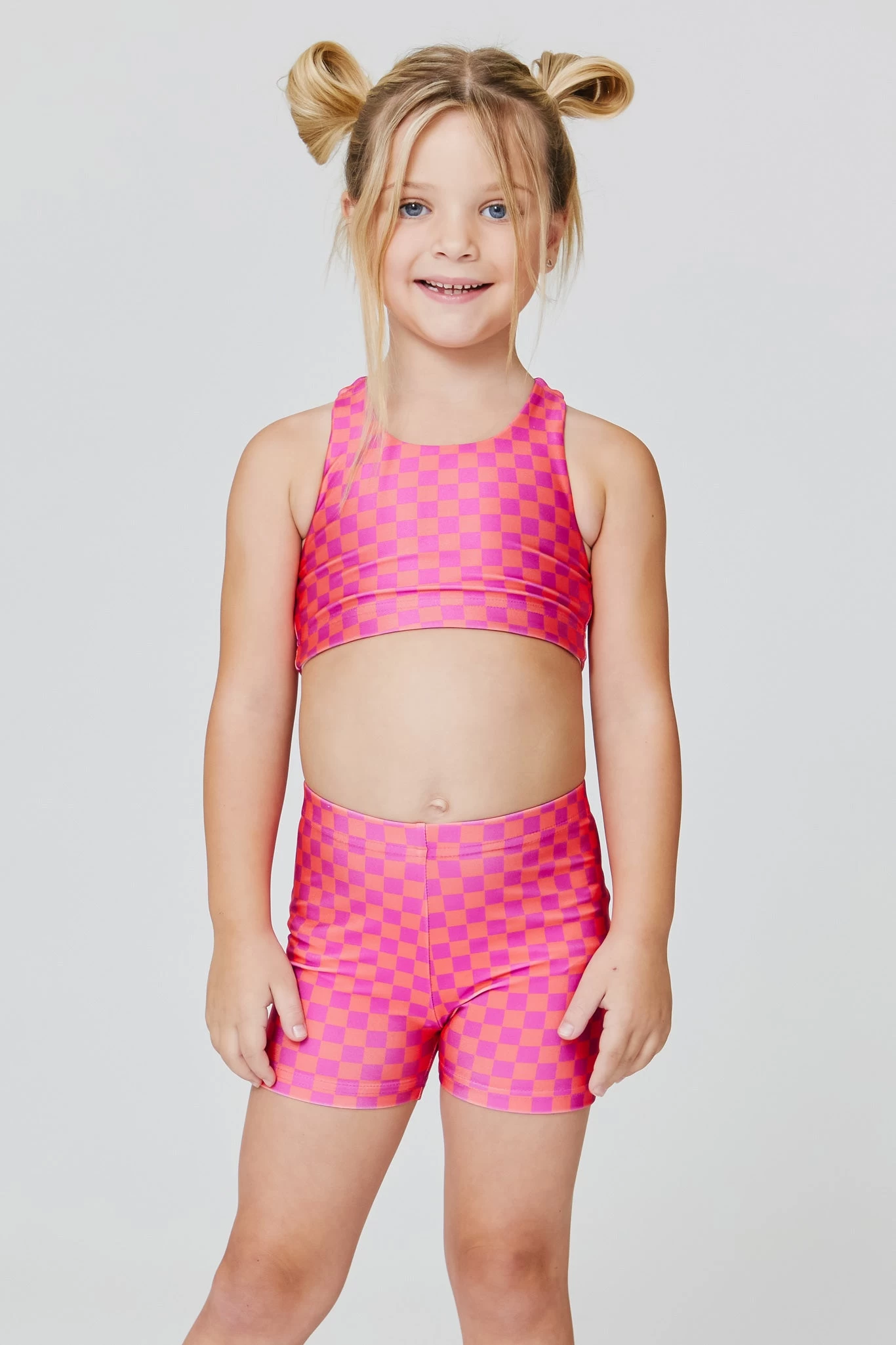 Kids Sports Bra In Melon Racing Check 3 Kids Sports Bra In Melon Racing Check