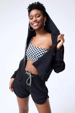 Rib Crop Hoodie In Black