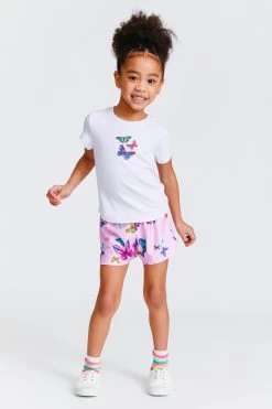 Kids Gym Shorts In Pink Neon Butterflies
