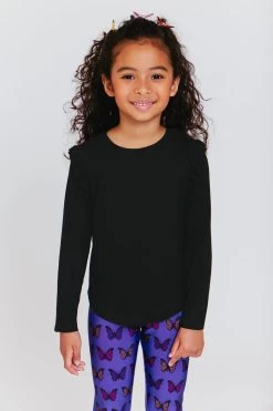 Girls Ruffle Long Sleeve Tee In Black