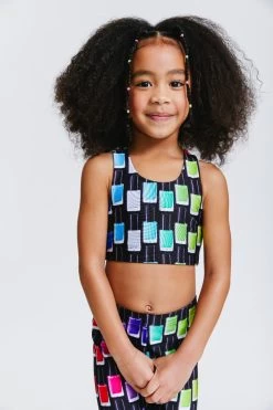 Kids Sports Bra In Black Rainbow Nail Polish