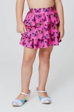 Girls Tiered Skirt In Pink Halftone Butterfly