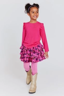 Kids Tiered Skirt In Pink Butterfly Halftone