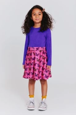 Girls Long Sleeve Dress In Pink Halftone Butterfly