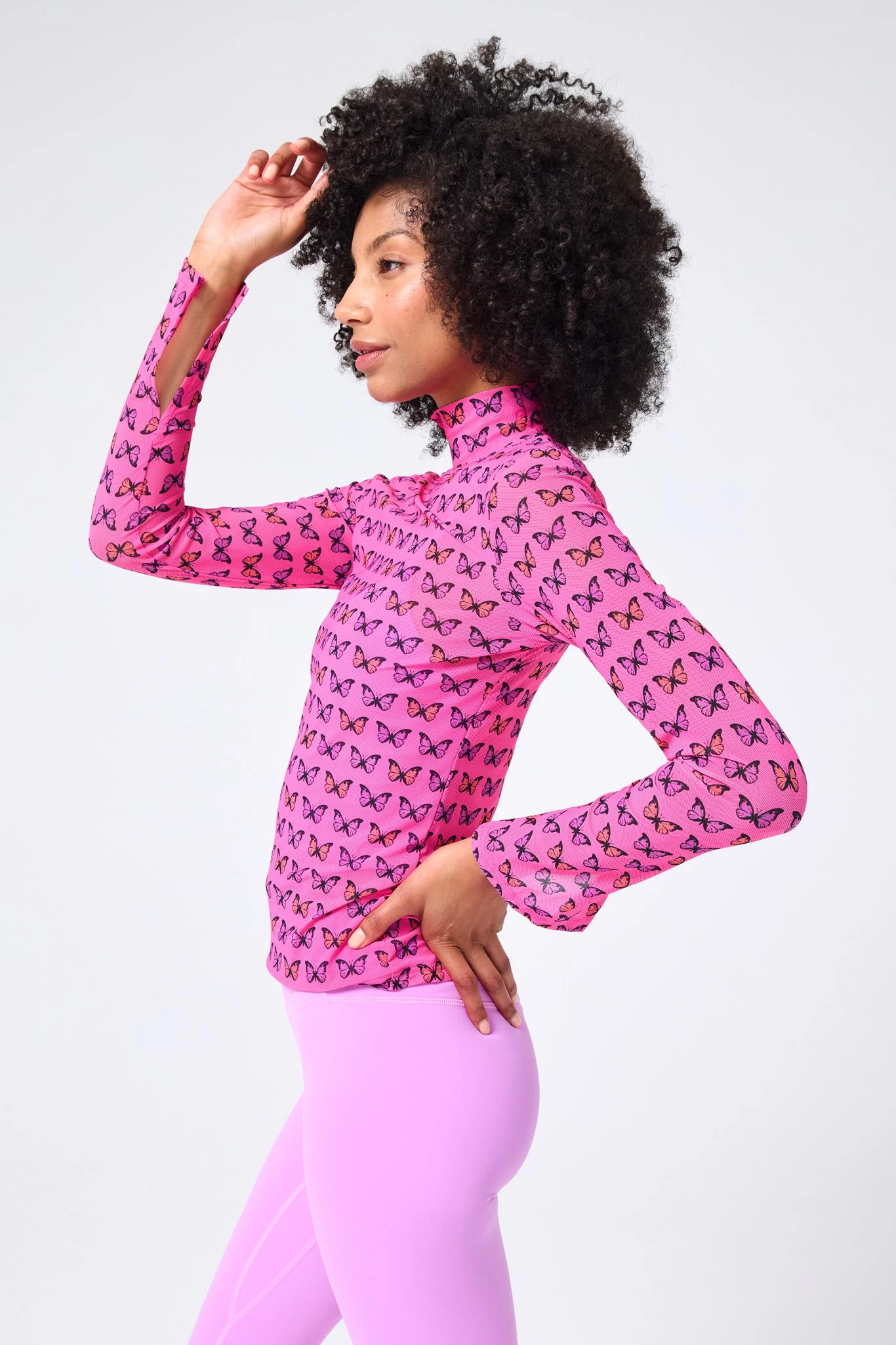 Mesh Mock Neck In Hot Pink Halftone Butterfly 4 Mesh Mock Neck In Hot Pink Halftone Butterfly - Image 2