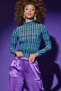 Mesh Mock Neck In Vertical Jewel Stripe