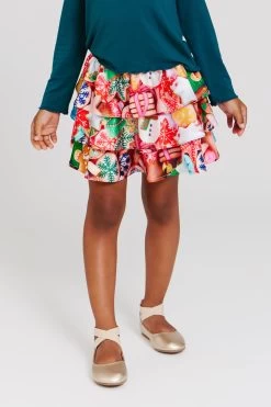 Girls Hi-Shine Tiered Skirt In Cookie Collage